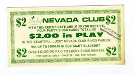 Nevada Club $2.00 Bingo Party Card  Certificate 1950&#39;s Las Vegas Nevada  - £8.52 GBP