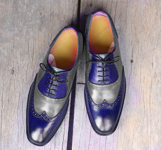 Handmade Men&#39;s Gray Navy Wing Tip Leather Formal Shoes, Men Designer Dress Shoes - £115.48 GBP+