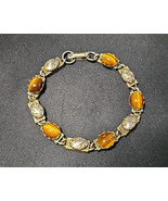 Vintage Cats Eye Glass Cabochon Link Bracelet Amber Brown Gold Tone 7.5” - €22,46 EUR