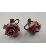 Denton England Marked Pink Rose Carved Ladies Screw On Vintage Earrings Set - £11.57 GBP