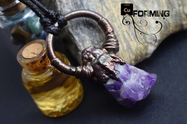 Copper electroformed pendant with rough amethyst stone crystal and rainbow dark  - £42.46 GBP