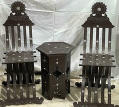 Handmade, Antique Unique Corner Set, Carved Wood, 2 Chairs, Table, Inlaid Shell - £3,170.43 GBP