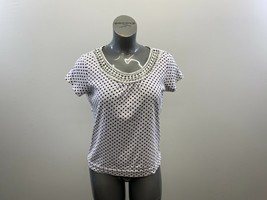 Cleo Women&#39;s Short Sleeve Top Size Large White w/Purple Squares Round Neck  - $10.86 CAD