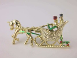 Stunning Vintage Enameled Christmas Sleigh Pin Brooch - £14.51 GBP