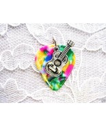 RAINBOW COLORS CONFETTI GUITAR PICK w ACOUSTIC GUITAR CHARM PENDANT ADJ ... - $4.99