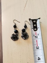 Artisan Earrings Black and Gray Flowers Roses Black Beads Dangle Victorian Goth - £6.33 GBP