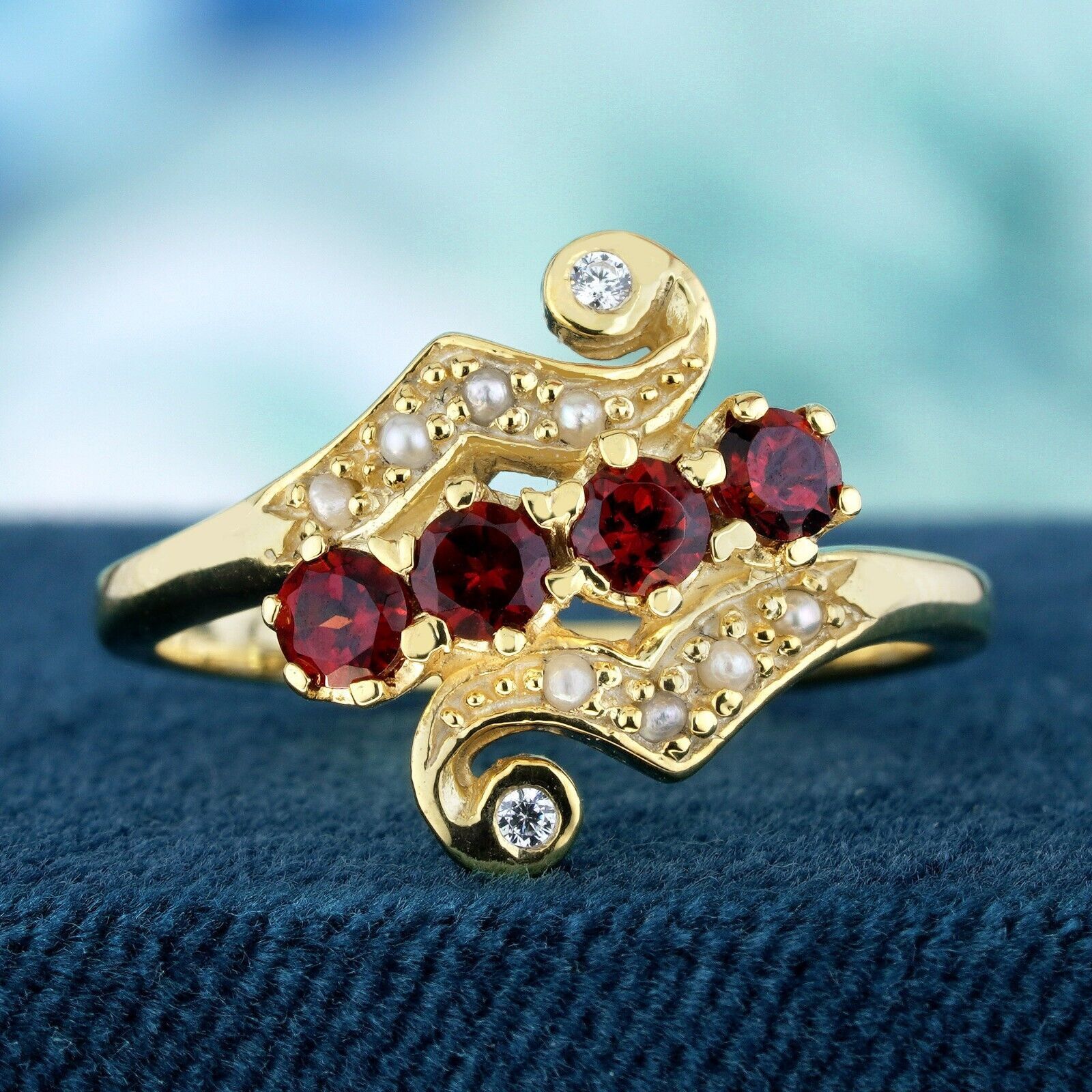 Primary image for Natural Garnet Pearl Diamond Vintage Style Ring in Solid 9K Yellow Gold