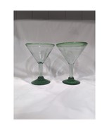 Hand Blown Clear &amp; Green Martini Glasses, Set Of 2, Bubble Design, Glass... - $23.76