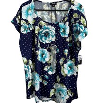 NEW Tacera Women&#39;s Blouse Size 2X Floral Polka Dot Navy Blue White Polye... - £16.45 GBP