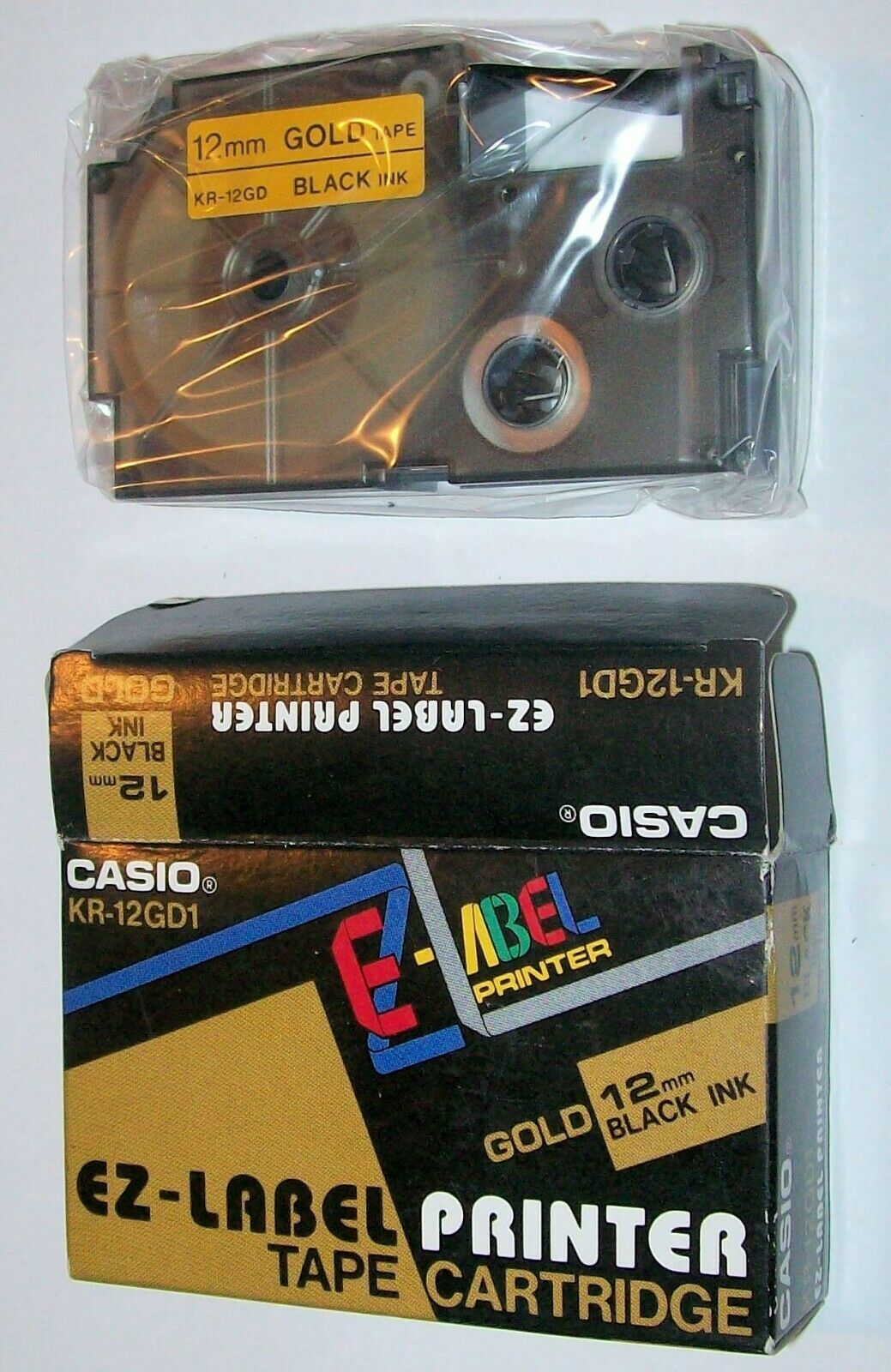 Genuine Casio EZ Label Printer Cartridge KR-12GD1 gold tape black ink 12 mm - $8.99