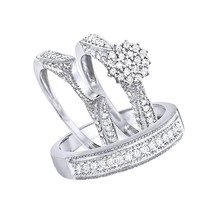 His Her Simulated Diamond Wedding Ring Band Trio Bridal Set White Gold Plated - £117.63 GBP