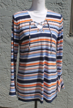 MICHAEL KORS WOMAN BLOUSE SIZE MEDIUM BLUE, ORANGE &amp; WHITE STRIPED LONG ... - $15.76