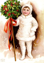 1909 Embossed Christmas Postcard Cute Victorian Girl Holding Mistletoe - £17.40 GBP