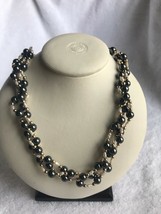 Tri color Beads Necklace  black white gold  3 strand  Vintage safety clasp - $19.10