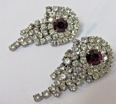 Vtg Faux Ruby Rhinestone Clip-on 7 Strand Dangle Floral Earring Set Silver Tone - £15.97 GBP