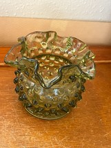 Small Vintage Olive Green Hobnail Glass Ruffled Edge Vase – 3 inches tall x 3.75 - £11.87 GBP