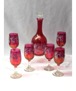 WEST VIRGINIA GLASS Ruby Red Cranberry Glass Decanter &amp; 6 Glasses Grape ... - $90.06 CAD