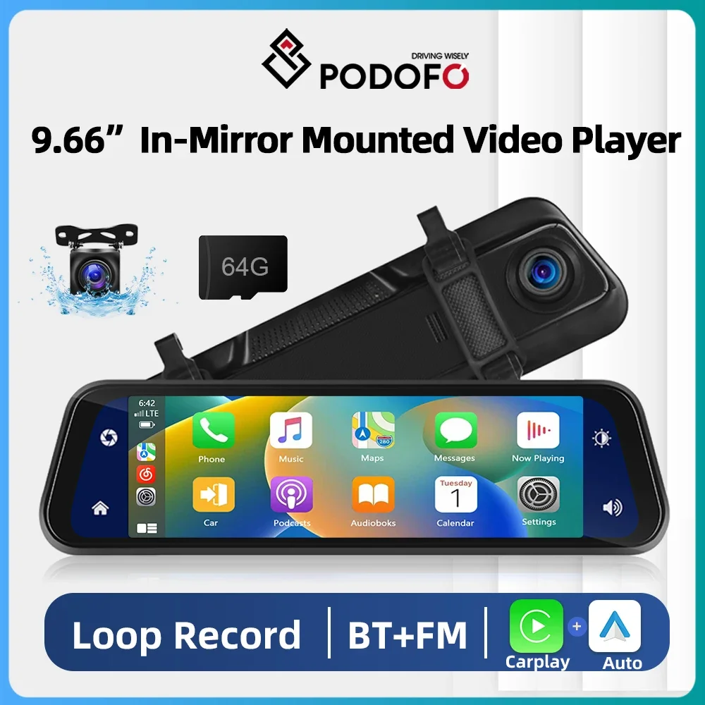 Podofo Car Video Recorder Rear View Camera 9.66 ”Mirror DVR Wireless Carplay - £108.85 GBP+