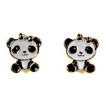 Panda Bear Earrings Post Pair Enamel Jewelry Gift Rhinestone Black White Cute - £7.04 GBP