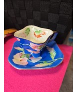 Merit Occupied Japan Square Base Tea Cup And Saucer Blue With Floral Por... - $27.08 CAD