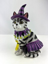 Black/White Stripe Witch Cat w/Broom Purple Outfit Resin Halloween Figurine NEW - £24.42 GBP