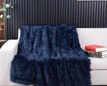 Navy Blue Faux Fur Throw Blanket,2 Layers,50&quot; X 60&quot; Cozy Plush Fluffy Bl... - $37.99