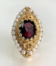 14k Yellow Gold Oval Garnet and Pearl Vintage Cocktail Ring - £2,017.51 GBP