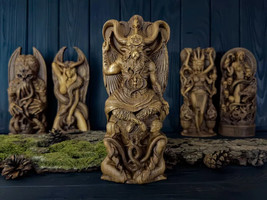 9&quot; Baphometh - Statue Devil Wooden Carved Figure Wood Handmade Mythology Bafomet - £115.29 GBP