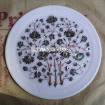 12&quot; White Marble Serving Plate Kishti Inlay Pauashell Mosaic Inlay Table Decor - £276.62 GBP