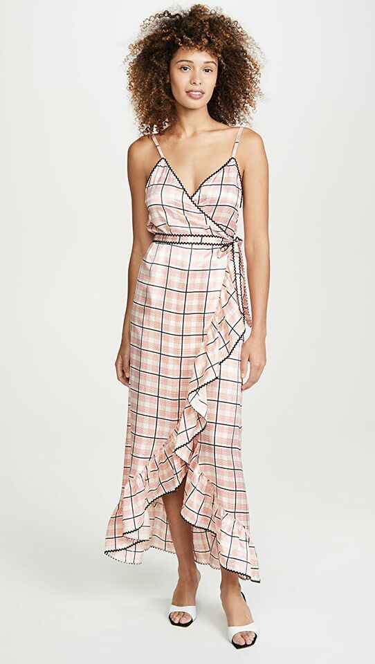 Morgan Lane Sofia Silk Wrap Dress in Pink Cherry Plaid Print $388, Sz S,... - $148.49