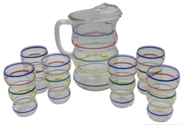 Vintage 1950s Rainbow Striped Pitcher and Glasses Set of 7 - $79.15