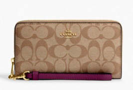 New Coach C4452 Long Zip Around Wallet Signature Khaki / Deep Berry - £89.36 GBP