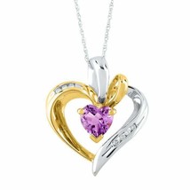 7MM Heart Amethyst &amp; Diamond Heart Pendant Necklace Sterling Silver - $186.98