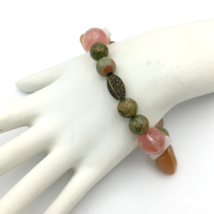 UNAKITE stone bead bracelet - gold-tone rose quartz carnelian colorful c... - $18.00