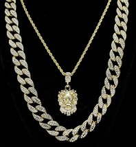 Mens 3pc Lion Head Cuban Link 14k Gold Plated 18&quot; 24&quot; Hip Hop Jewelry CZ Chains - £18.45 GBP