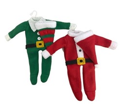 Demdaco  Fabric Elf and Santa Jammies Christmas Ornaments lot 2 green Red 7.25In - £15.00 GBP