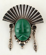 Mexico Sterling Silver Brooch Pin Carved Green Stone Aztec Face Mask Onyx - £59.32 GBP