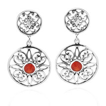 Mesmerizing Sterling Silver Stacked Circles w/Synthetic Coral Post Drop Earrings - $22.86