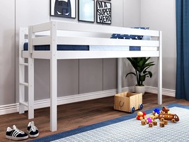 Jackpot! Contemporary Low Loft Twin Bed With End Ladder, White - £308.54 GBP