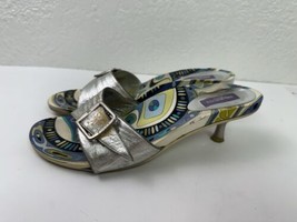 Emilio Pucci Silver Leather Buckle Y2k Kitten Heel Slip On Sandals Sz 39 US8.5-9 - $61.64