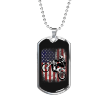 Dirt Bike American Flag Biker Necklace Stainless Steel or 18k Gold Dog Tag 24&quot; - £37.92 GBP+