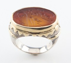 Vintage Sterling Silver And Gold Plated, Golden Intaglio Glass Ring - $686.04