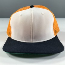 Vintage Trucker Hat Navy Blue Flat Brim with White Yellow Mesh Dome Made... - $12.86
