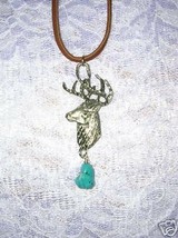 Engraved Usa Pewter Deer / Trophy Buck Head &amp; Turquoise Nugget Pendant Necklace - £25.68 GBP