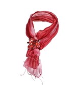 Red Floral Mix Stone Buckle Pendant with Bamboo Yarn Scarf - £26.14 GBP