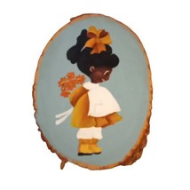 Vtg Hand Tole Painted African American Girl 11&quot;x7.5&quot; Tree Stump Wood Disc Decor - £11.17 GBP