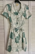 Vintage 70s Aqua Floral Dress Button Front Wide Collar Attached Belt Tie... - $34.65