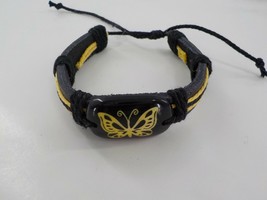 Best Friend Tribal Bracelet Black Leather Cuff Yellow Butterfly Adjustable Thred - $8.99