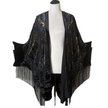 Chicos Velvet Burnout Kimono Fringe Trim Black Green Open Front Duster Size L XL - £54.48 GBP