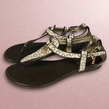 GUESS ivory with brown logo Women’s size 8 gold bling emblem thong sandals - £33.11 GBP